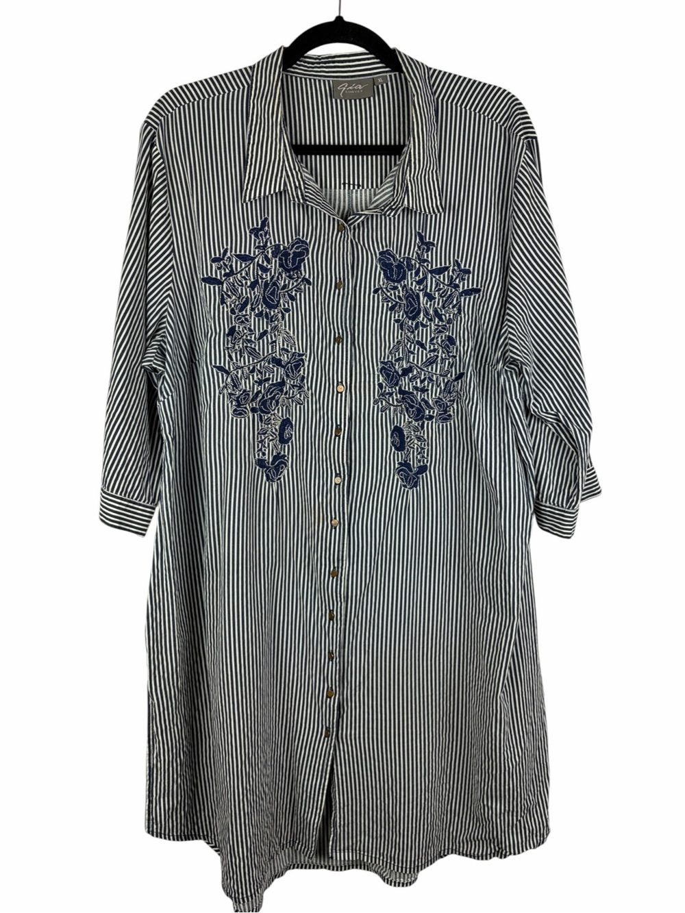 Gia Curves XL Navy White Striped Silk Embroidered Cotton Shirt Dress